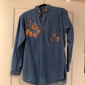 Ladies denim shirt with embroidered leaves and butterfly. Size Small